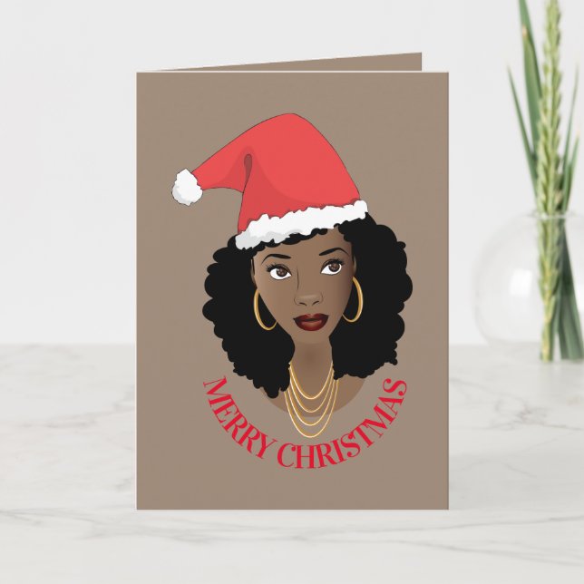 God jul, Black Woman, Red Santa Hat, Brown Kort (Framsida)