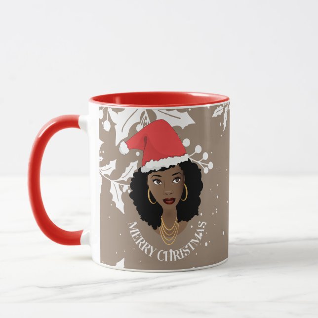 God jul, Black Woman, Red Santa Hat, Brown Mugg (Vänster)