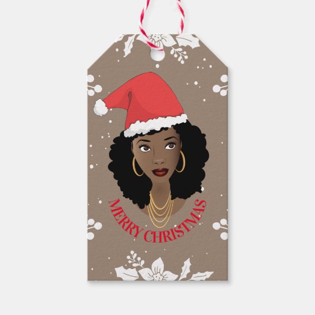 God jul, Black Woman, Red Santa Hat, Brown Presentetikett (Framsidan)