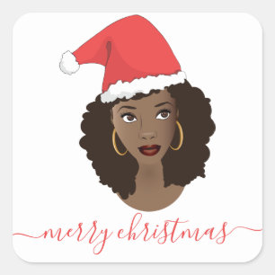 God jul, Black Woman, Red Santa Hat Fyrkantigt Klistermärke
