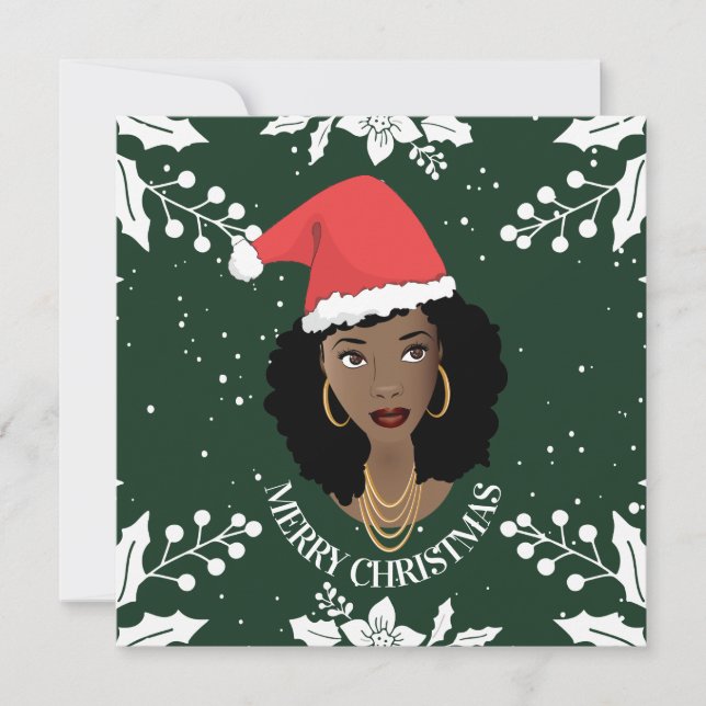 God jul, Black Woman, Red Santa Hat, Grönt Kort (Framsida)