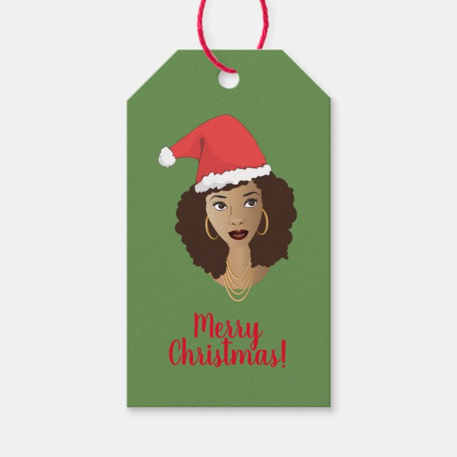 God jul! Black Woman, Red Santa Hat, Grönt Presentetikett (Framsidan)