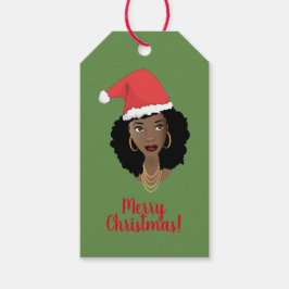 God jul! Black Woman, Red Santa Hat, Grönt Presentetikett