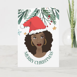 God jul, Black Woman, Red Santa Hat Kort