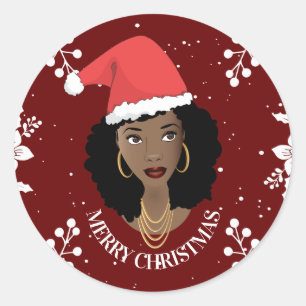 God jul, Black Woman Red Santa Hat, Maroon Runt Klistermärke