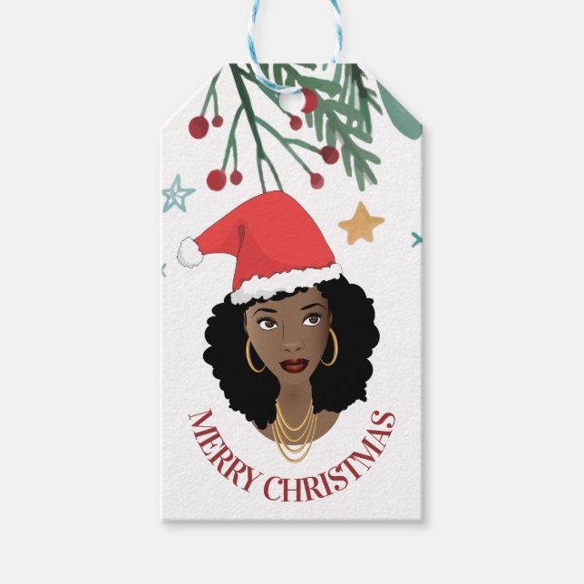God jul, Black Woman, Red Santa Hat Presentetikett (Framsidan)