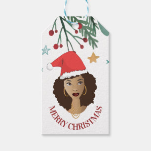 God jul, Black Woman, Red Santa Hat Presentetikett