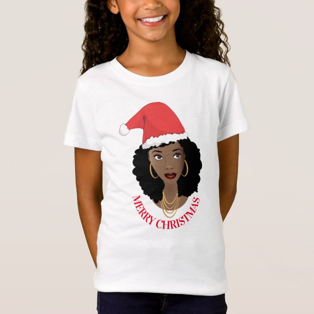 God jul, Black Woman, Red Santa Hat T Shirt (Framsida)