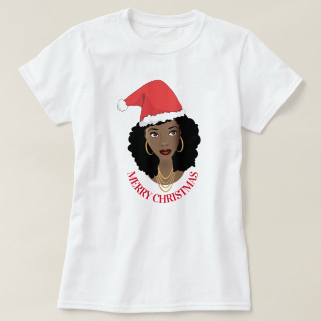 God jul, Black Woman, Red Santa Hat T Shirt (Design framsida)