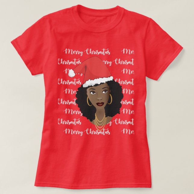 God jul, Black Woman, Red Santa Hat T Shirt (Design framsida)