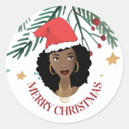 God jul, Black Woman, Red Santa Hat, Träd Runt Klistermärke