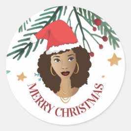 God jul, Black Woman, Red Santa Hat, Träd Runt Klistermärke