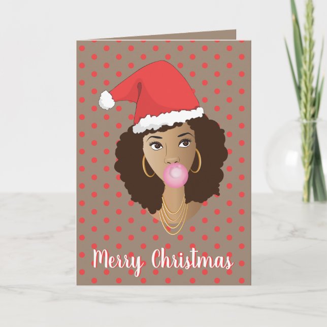 God jul! Black Woman, Santa Hat, Bubblegum Kort (Framsida)