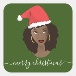 God jul, Black Woman, Santa Hat, Grönt Fyrkantigt Klistermärke
