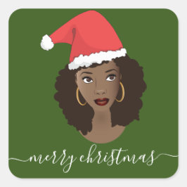 God jul, Black Woman, Santa Hat, Grönt Fyrkantigt Klistermärke