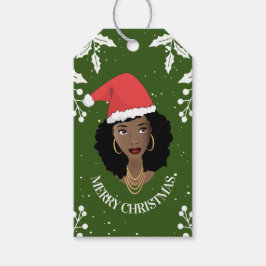 God jul, Black Woman, Santa Hat, Grönt Presentetikett