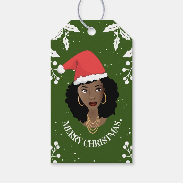 God jul, Black Woman, Santa Hat, Grönt Presentetikett (Framsidan)