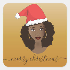 God jul, Black Woman, Santa Hat, Gult Fyrkantigt Klistermärke