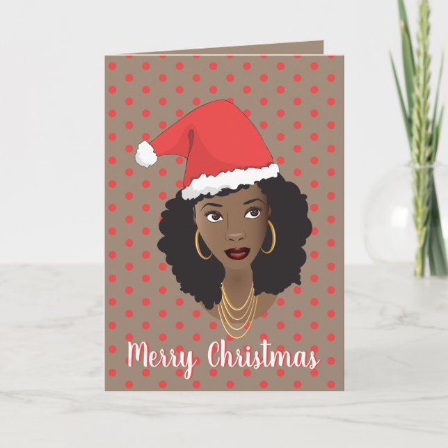 God jul! Black Woman, Santa Hat, Polka Dot Kort (Framsida)