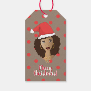 God jul! Black Woman, Santa Hat, Polka Dot Presentetikett