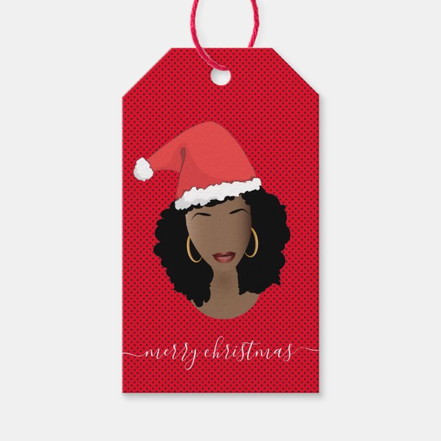 God jul, Black Woman, Santa Hat, Red Presentetikett (Framsidan)