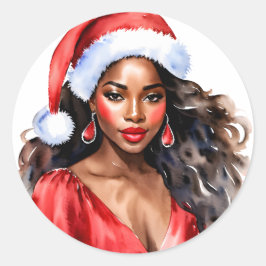 God jul, Black Woman Santa Hat Runt Klistermärke