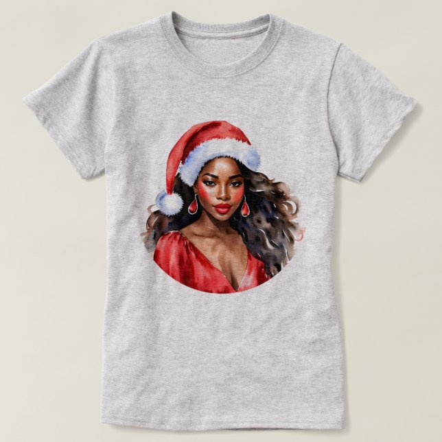 God jul, Black Woman Santa Hat T Shirt (Design framsida)