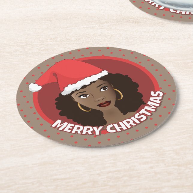 God jul, Black Woman Santa Hat Underlägg Papper Rund (Vinklad)