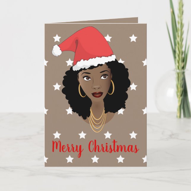 God jul! Black Woman Santa Hat White Stars Kort (Framsida)