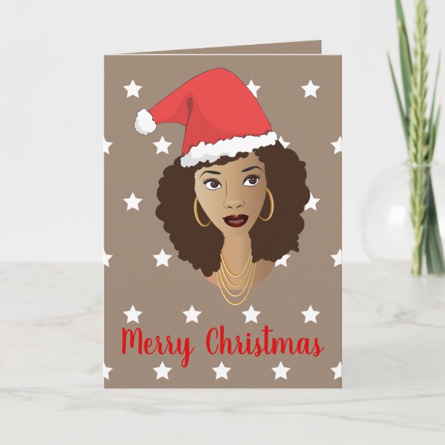 God jul! Black Woman Santa Hat White Stars Kort (Framsida)