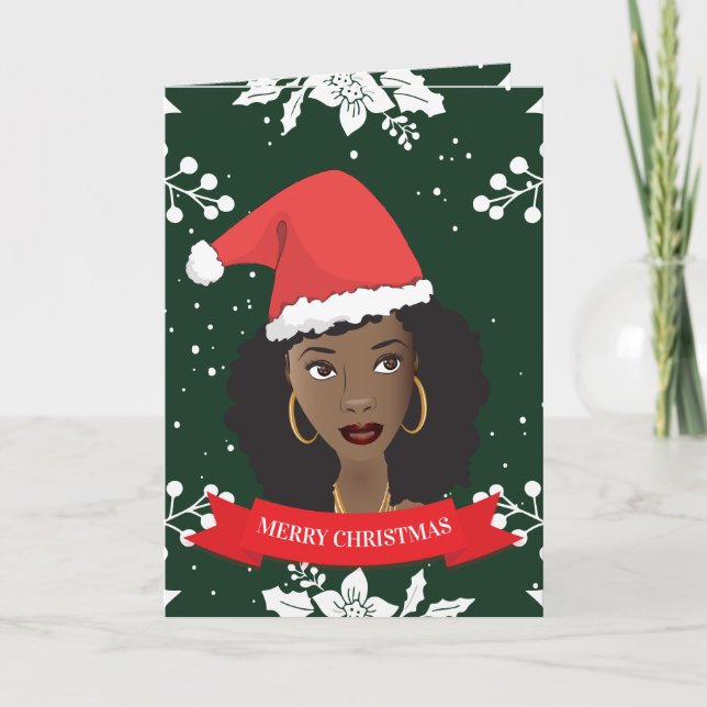 God jul, Black Woman w/Santa Hat, Grönt Helgkort (Framsida)