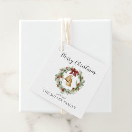 God jul, bladkrans med guldklockor gåvor etiketter