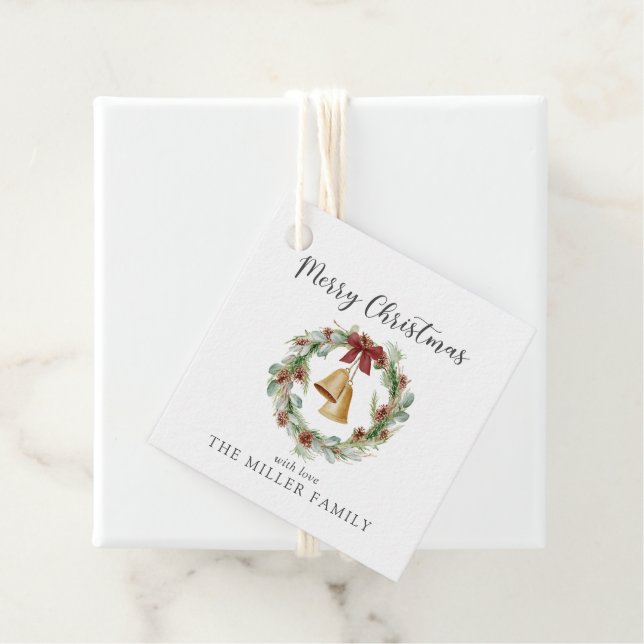God jul, bladkrans med guldklockor gåvor etiketter (På plats)