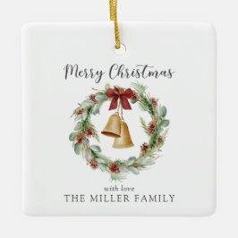 God jul, bladkrans med guldklockor julgransprydnad keramik