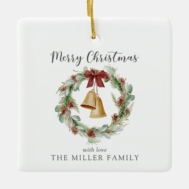 God jul, bladkrans med guldklockor julgransprydnad keramik (Framsida)