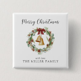 God jul, bladkrans med guldklockor knapp