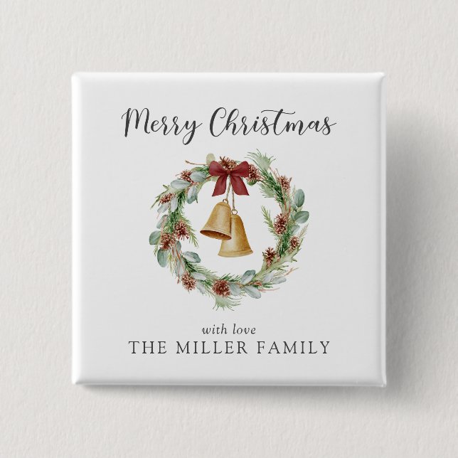 God jul, bladkrans med guldklockor knapp (Framsida)