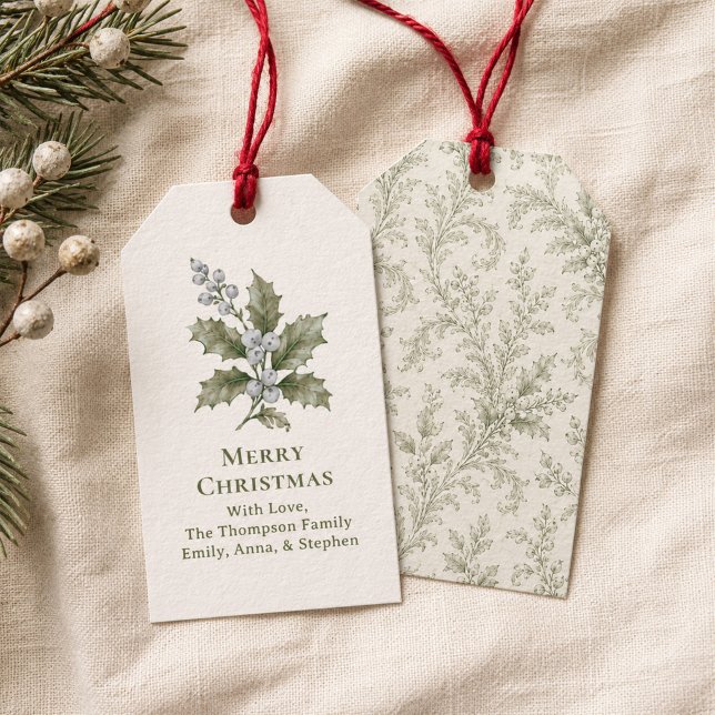 God Jul Bladverk Gröna Bär Högtid Presentetikett (Elegant green holly gift tags add vintage botanical charm to Christmas presents.
)