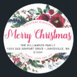 God jul Blessings-Returetiketter Runt Klistermärke<br><div class="desc">Rosy red script font font önskemål the mottagare God jul. Namn och adress står nedanför i ett enkelt och klassiskt teckensnitt. Den omges av en modern röd blommigt och arrangemang. Det har en böjd insida kant där jag stuckit julvälsignelser och fred, Kärlek och Joy. Du kan ändra de här fraserna...</div>