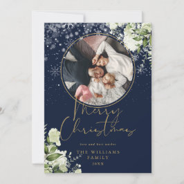 God Jul Blommig Snö Guld Och Blå Foto Julkort