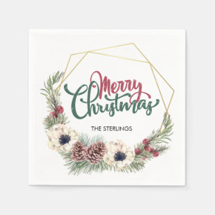 God jul Blommigt Gräs Cone Holly Guld Ram Pappersservett