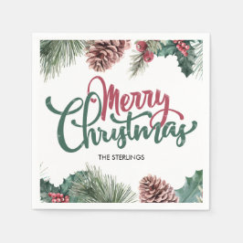 God jul Blommigt Gräs Cone Red Holly Gräns Pappersservett