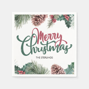 God jul Blommigt Gräs Cone Red Holly Gräns Pappersservett