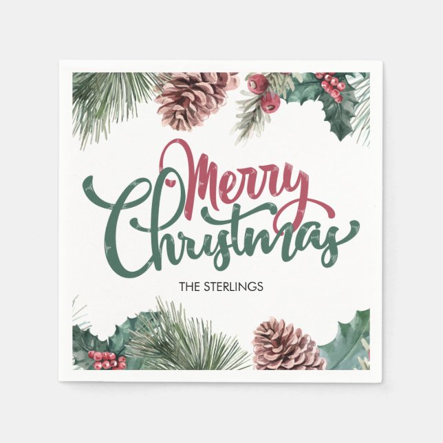 God jul Blommigt Gräs Cone Red Holly Gräns Pappersservett (Framsidan)