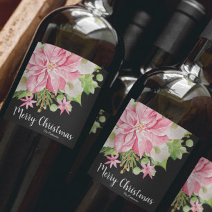 God jul Blommigt Poinsettia Black Vinflaska Etikett