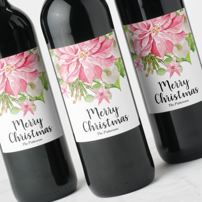 God jul Blommigt Poinsettia Vinflaska Etikett (Skapare uppladdad)