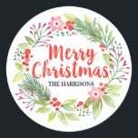 God jul Blommigt Utandning Runt Klistermärke<br><div class="desc">En vattenfärgad blommigt-krandsetikett. Anpassa den till använda med dina Helgdagskort och gåvor. Designad av Blackberry Boulevard.</div>