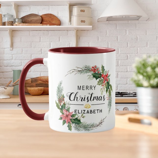 God jul Blommigt Wandeand och skript Maroon Mugg (Skapare uppladdad)