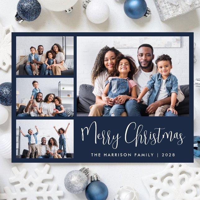 God jul Blue 4 Fotokollage Julkort (Share the love and warmth of the season with a personalized 4 photo Christmas card)