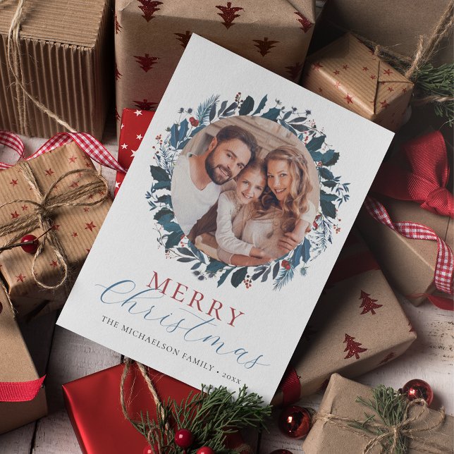 God jul Blue Grönt Holly Photo Julkort (Skapare uppladdad)